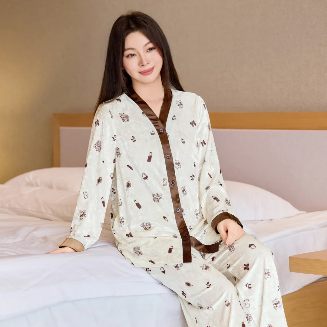 【现货印花丝绒保暖家居服】MsShe大码女装2025款冬装套装M2510121
