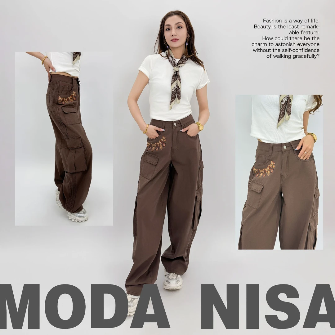 MODANISA工装设计感咖啡棕民族风牛仔裤阔腿加长款工装裤-140-34-