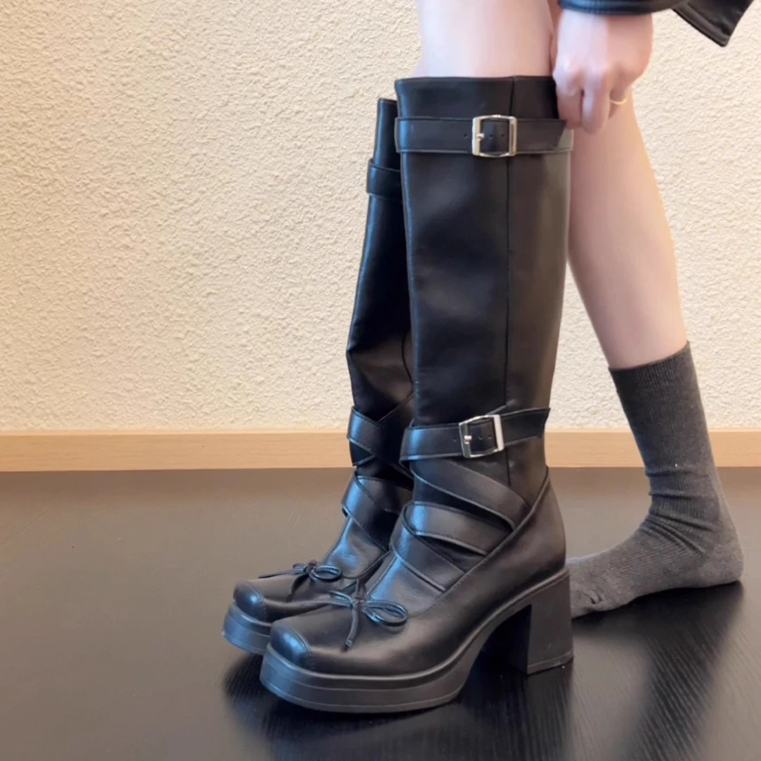 Pokoy-7cm皮带扣高筒靴女时尚粗跟骑士靴不过膝显瘦