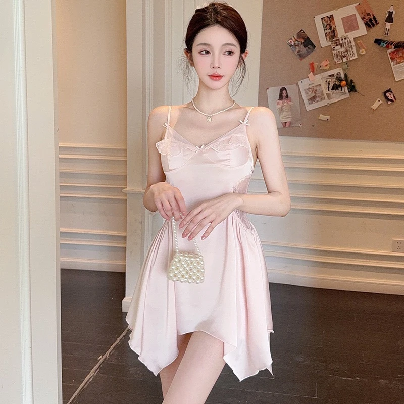 【绝色佳人】性感蕾丝睡裙缎面带胸垫刺绣镂空美背修身显瘦家居服