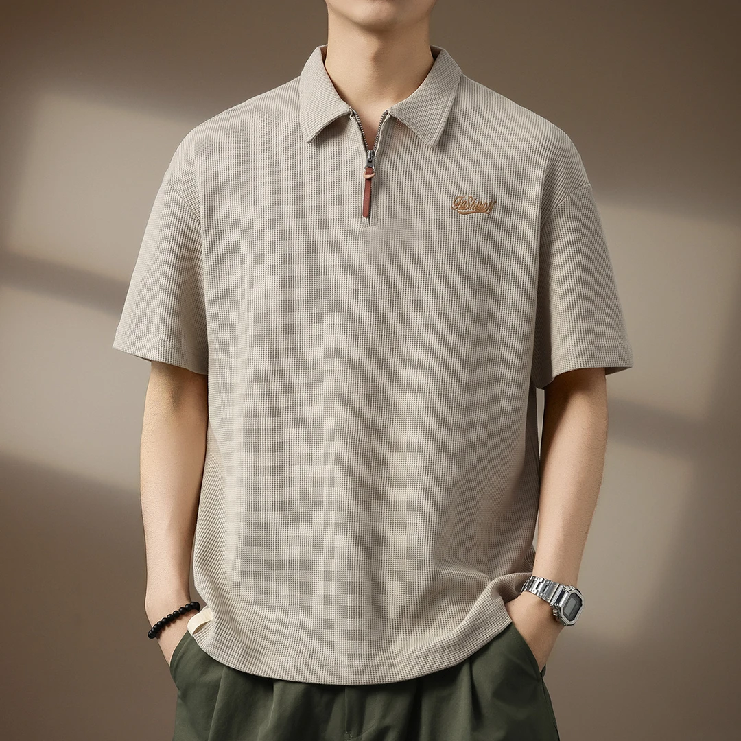 美式复古华夫格绣花Polo衫男夏季半拉链重磅短袖五分袖T恤男