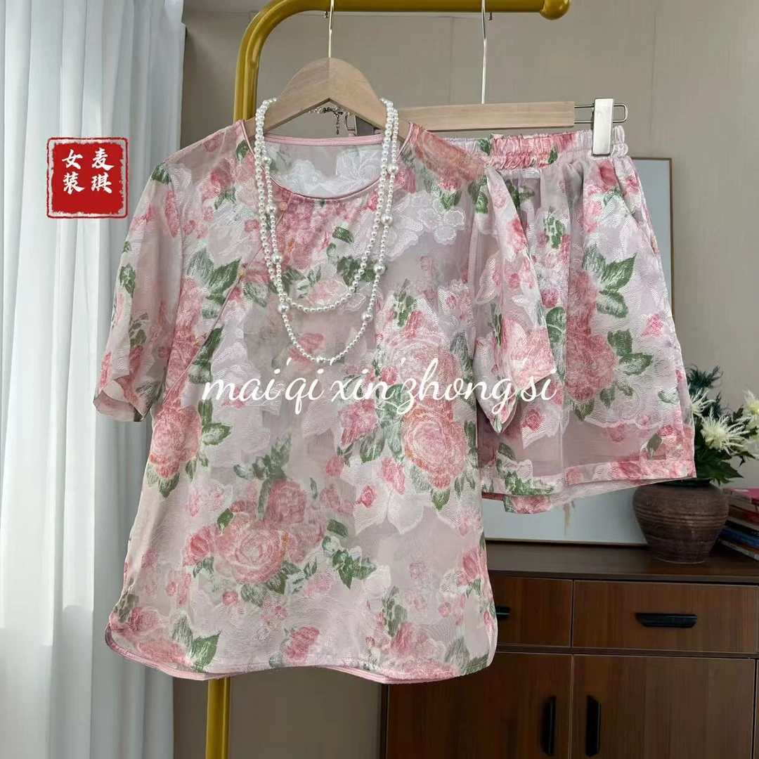《心悦》中国风新中式时尚套装碎花上衣短裤印花休闲小衫时尚