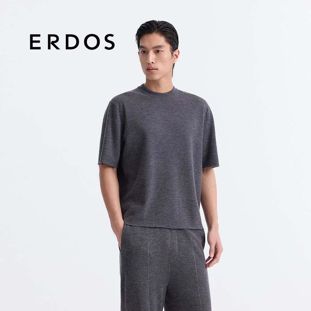 ERDOS 男装羊绒T恤灰色精纺双提宽松短袖上衣针织衫25春