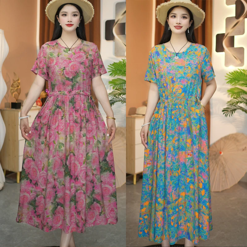 819#夏季妈妈装中长款棉绸裙子夏季新款显瘦裙子短袖大码连衣裙