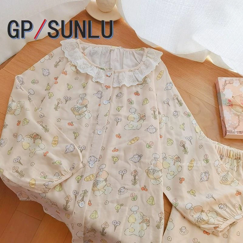 日本小众GP软fufu睡衣女春夏季竹纤维棉纱布长袖圆领可爱卡通狗狗