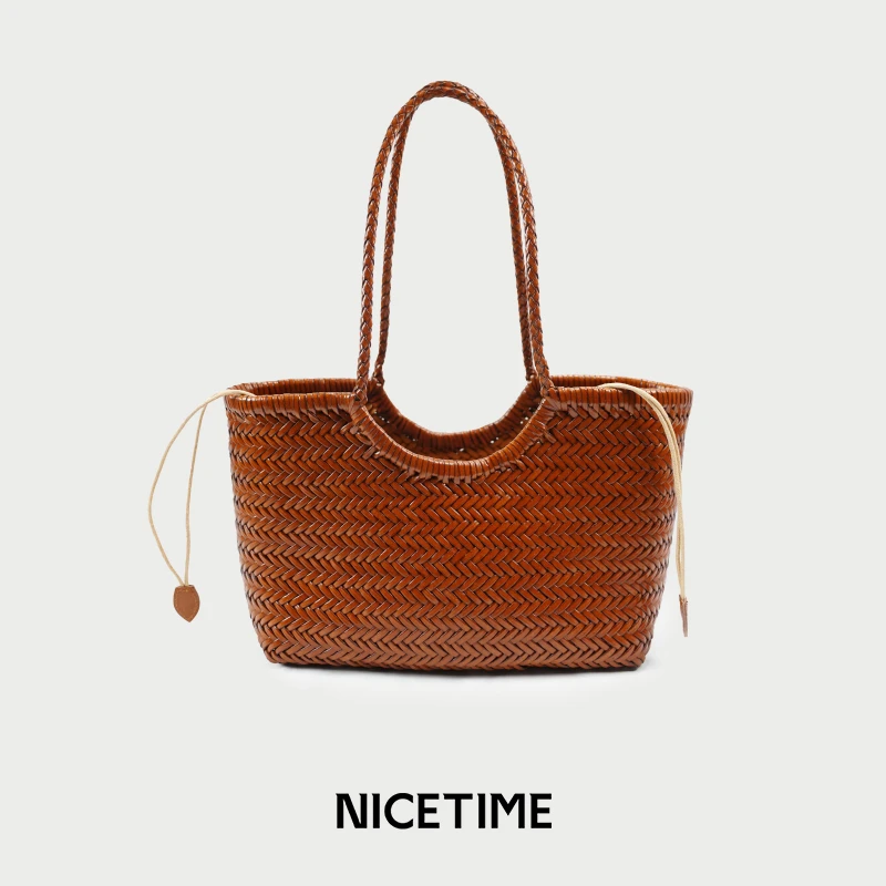 NICETIME·法式编织手提包女士真皮腋下包手工纯色菜篮子包包
