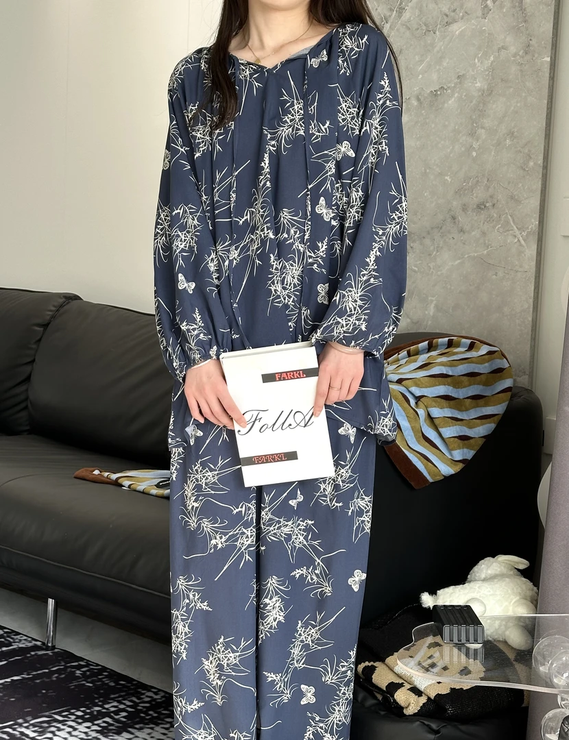 2025春夏绘繁枝叶人造棉棉绸家居服套装可外穿大码睡衣空调服
