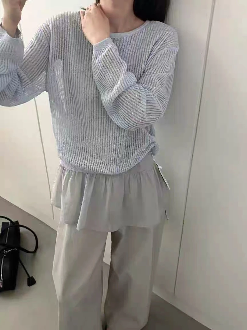 镂空常规款圆领薄款长袖毛针织衫女装新复古风