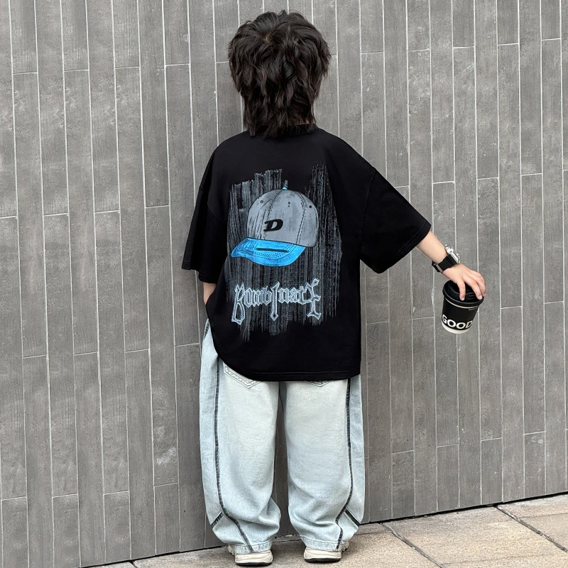 中班仔童装男童夏季套装凉感T恤薄款牛仔长裤时尚两件套潮*ZH2527