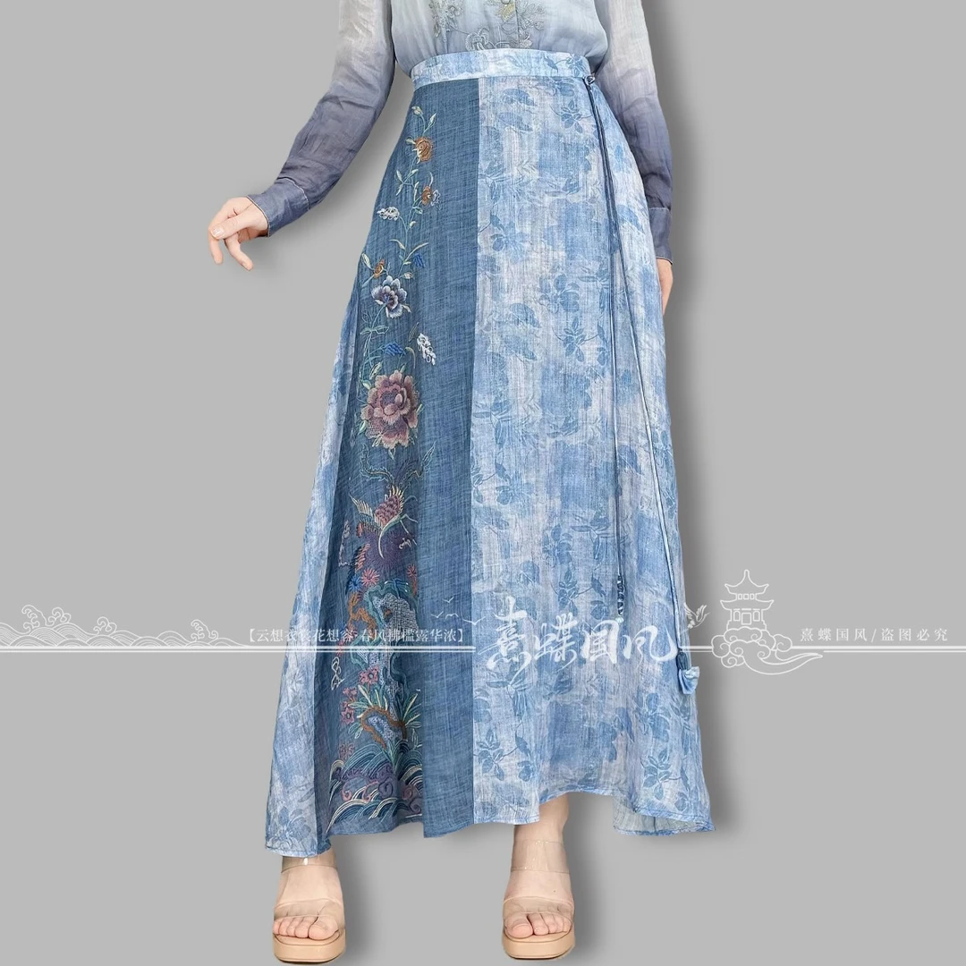 新中式复古国风重工刺绣花半松紧高腰高级印花纯苎麻半身裙长裙女