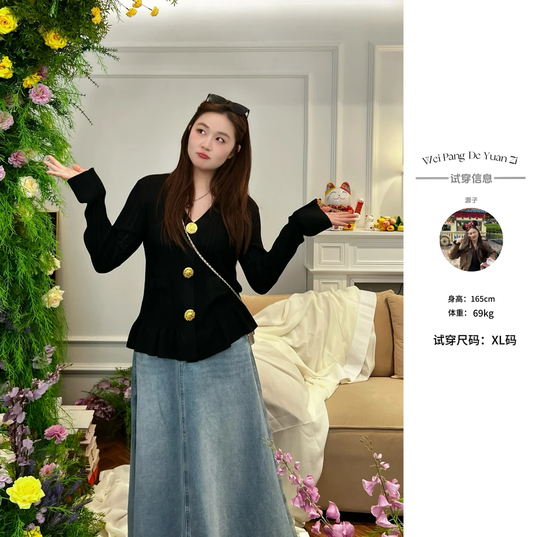 楠序源子【黑金曜石】微胖女装 2025年春装休闲时尚针织小衫YZ35172