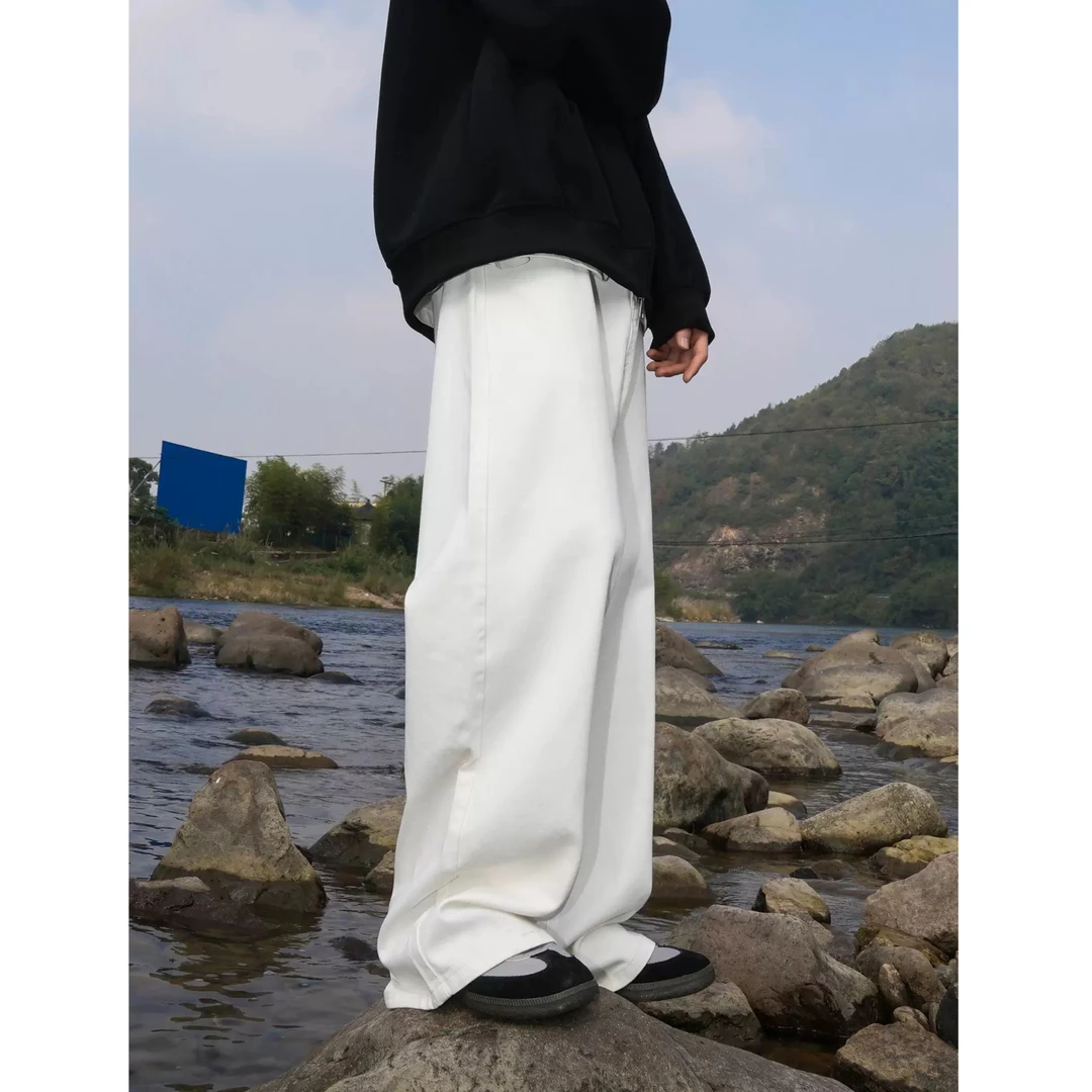 KONITIHA 松弛感情侣直筒宽松白色牛仔裤高级感垂感阔腿长裤 7758