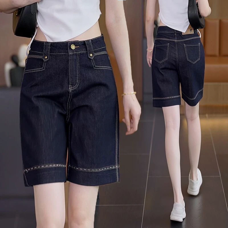 丹宁蓝五分直筒冰丝牛仔短裤女薄款2025夏季宽松显瘦休闲阔腿中裤