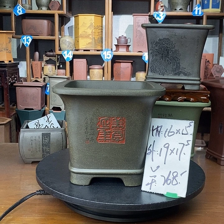 紫砂花盆天青泥爆款章体刻绘