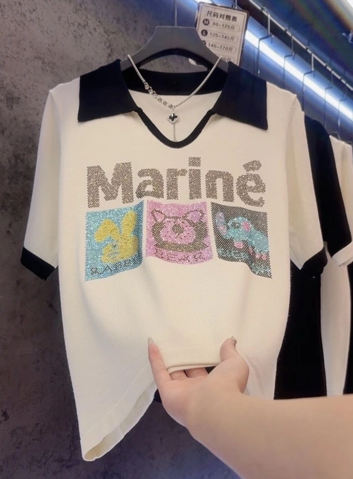 【定制大码女装80-200斤】时尚烫钻短袖针织女夏显瘦上衣1570