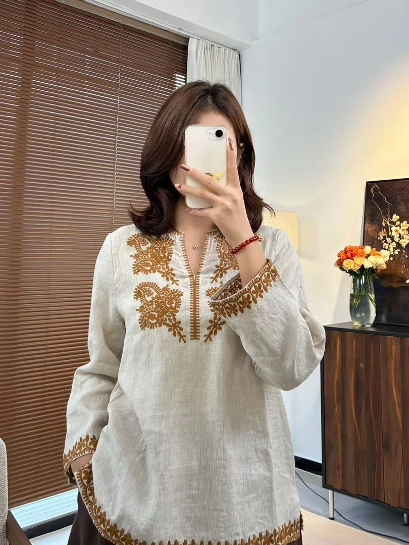 【飞飞专属】时尚长袖重工刺绣百搭新款亚麻上衣-6189