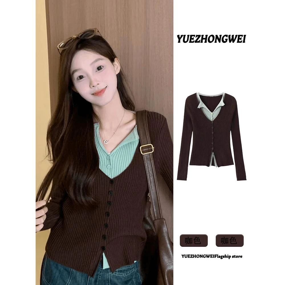 撞色假两件V领针织开衫女2025早秋季新款设计感修身内搭坑条上衣