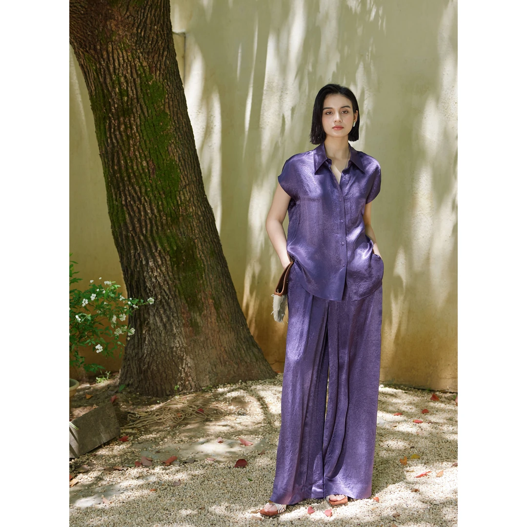 【浣溪书院】会穿的时髦 慵懒腔调光泽肌理醋酸夏遮乎手臂套装