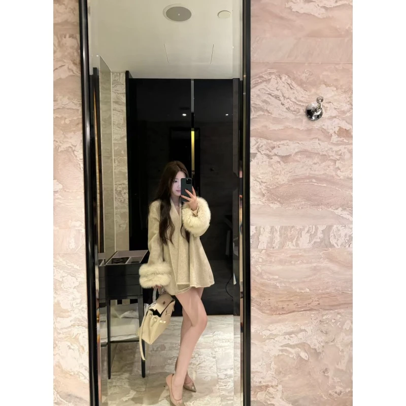 一只雪雪【自留永痕】新款秋冬气质温柔双面羊毛袖子毛领系带大衣