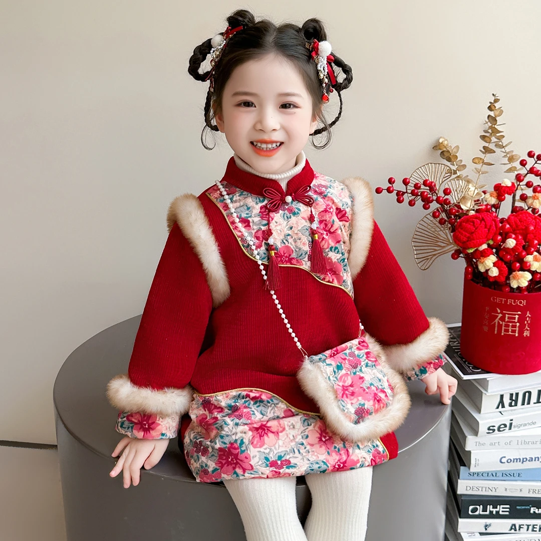 2025新品宝宝梅花冬季旗袍红色国风女童服装拜年服古装女宝红色