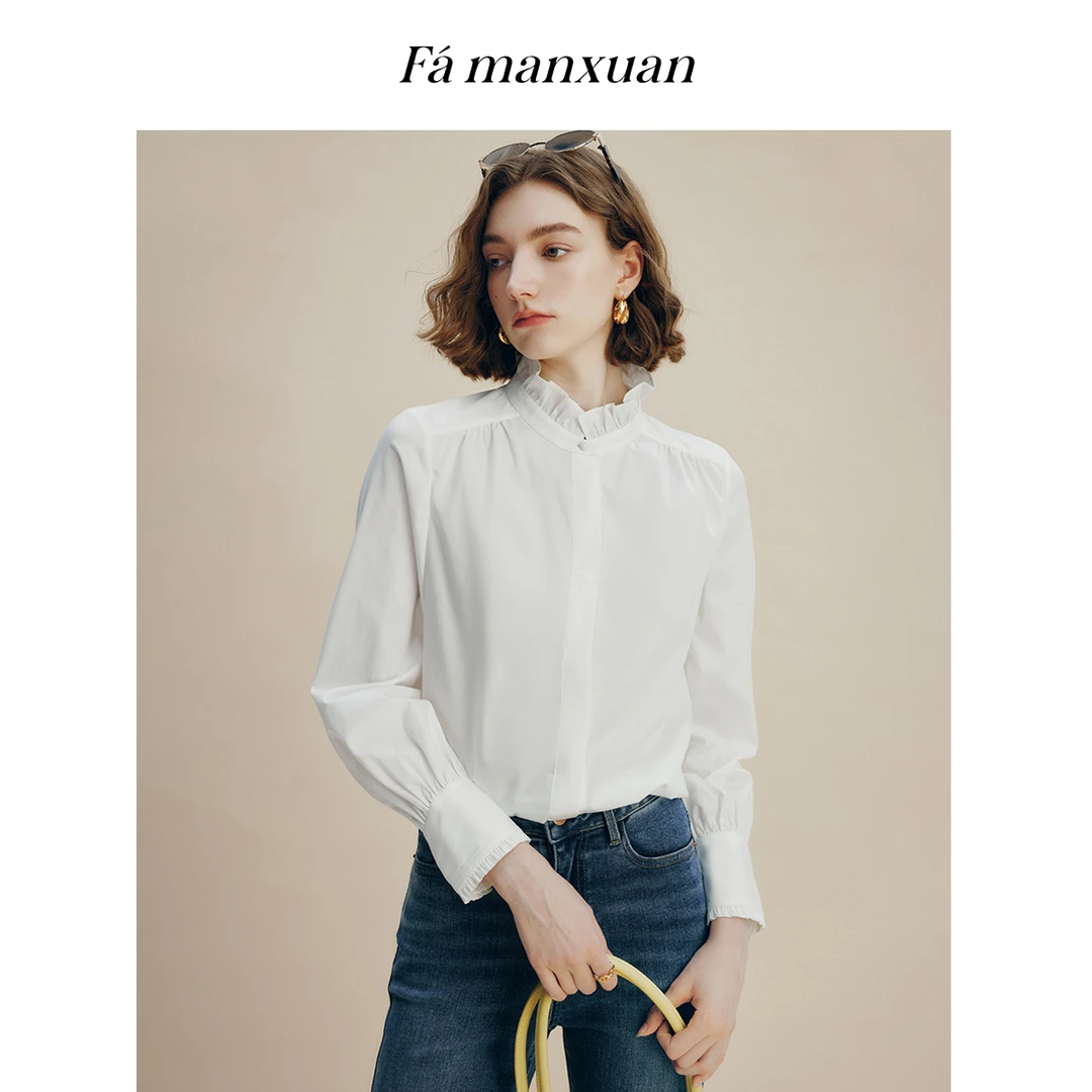 【陈嘉尔专属】法曼萱木耳边立领衬衫女2025春花苞领上衣CY3176