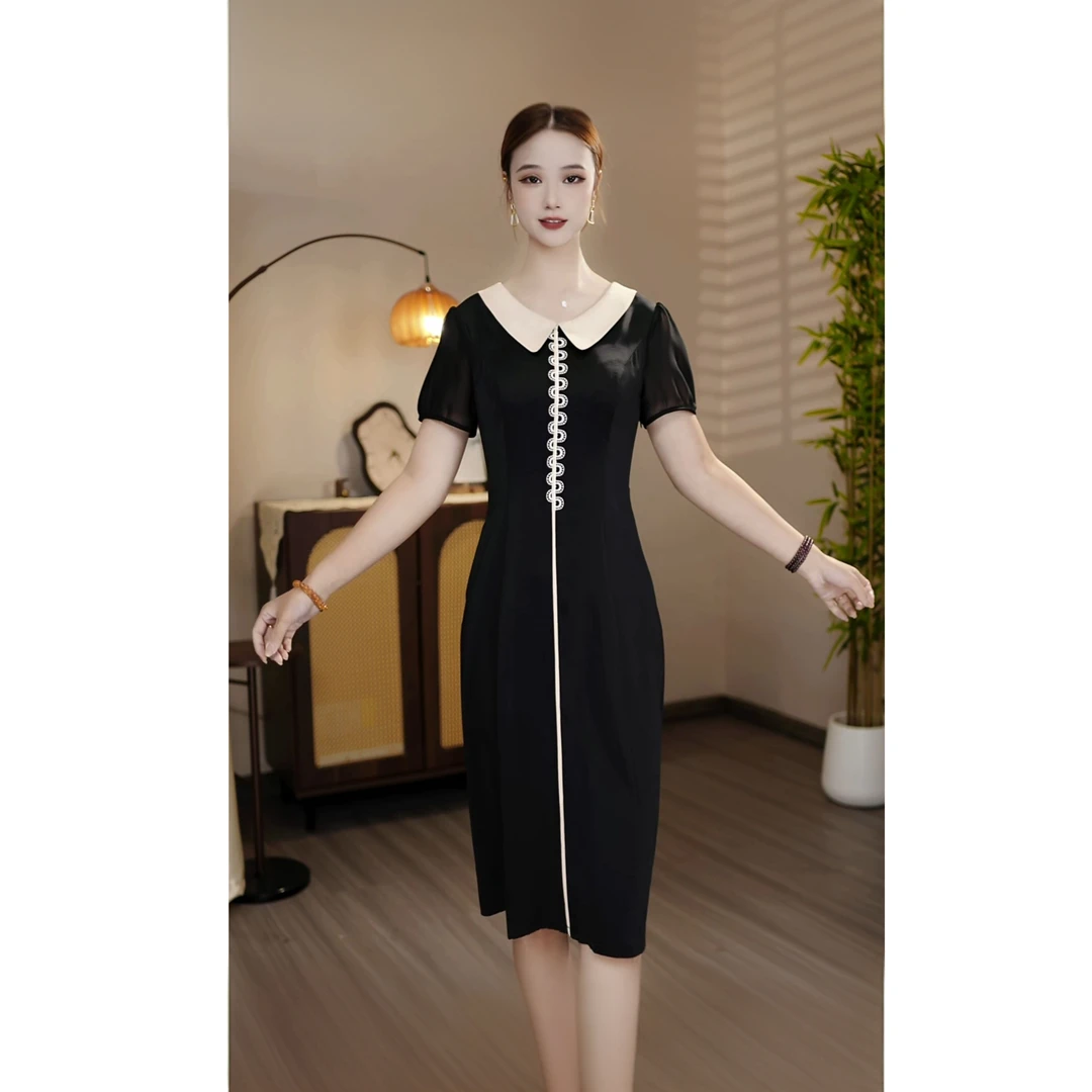 修身裙子杏色娃娃领显瘦气质时尚小黑裙夏季黑色缎面法式Q011