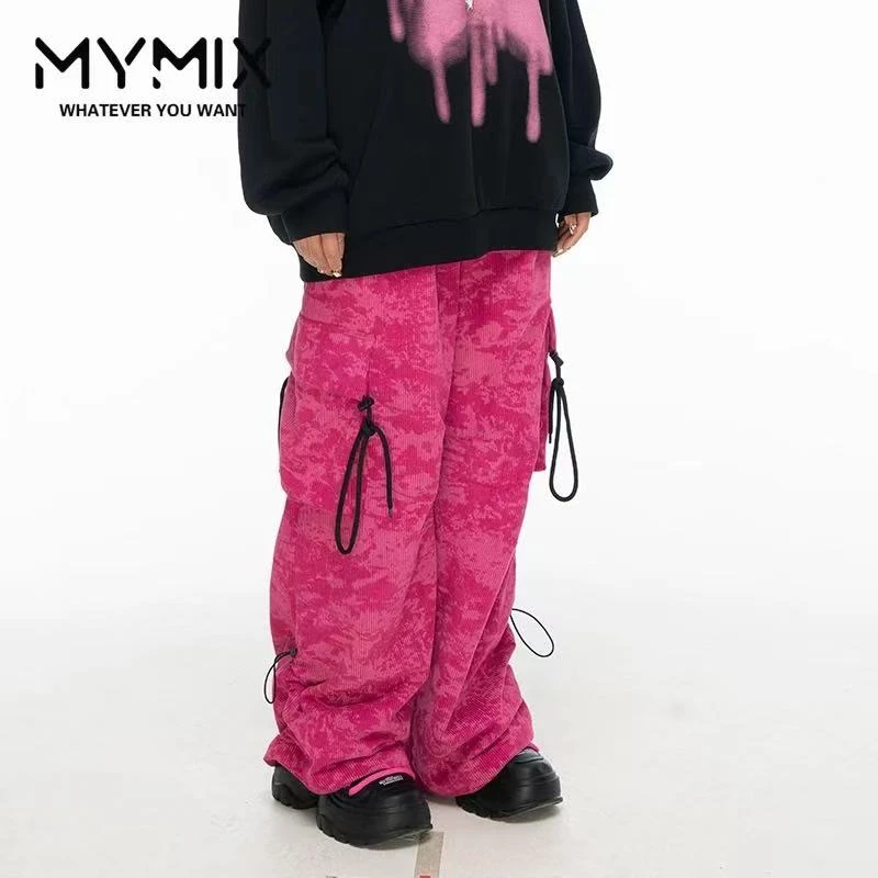 C11-3玫红色“扎染横拉链”直筒裤（3434）