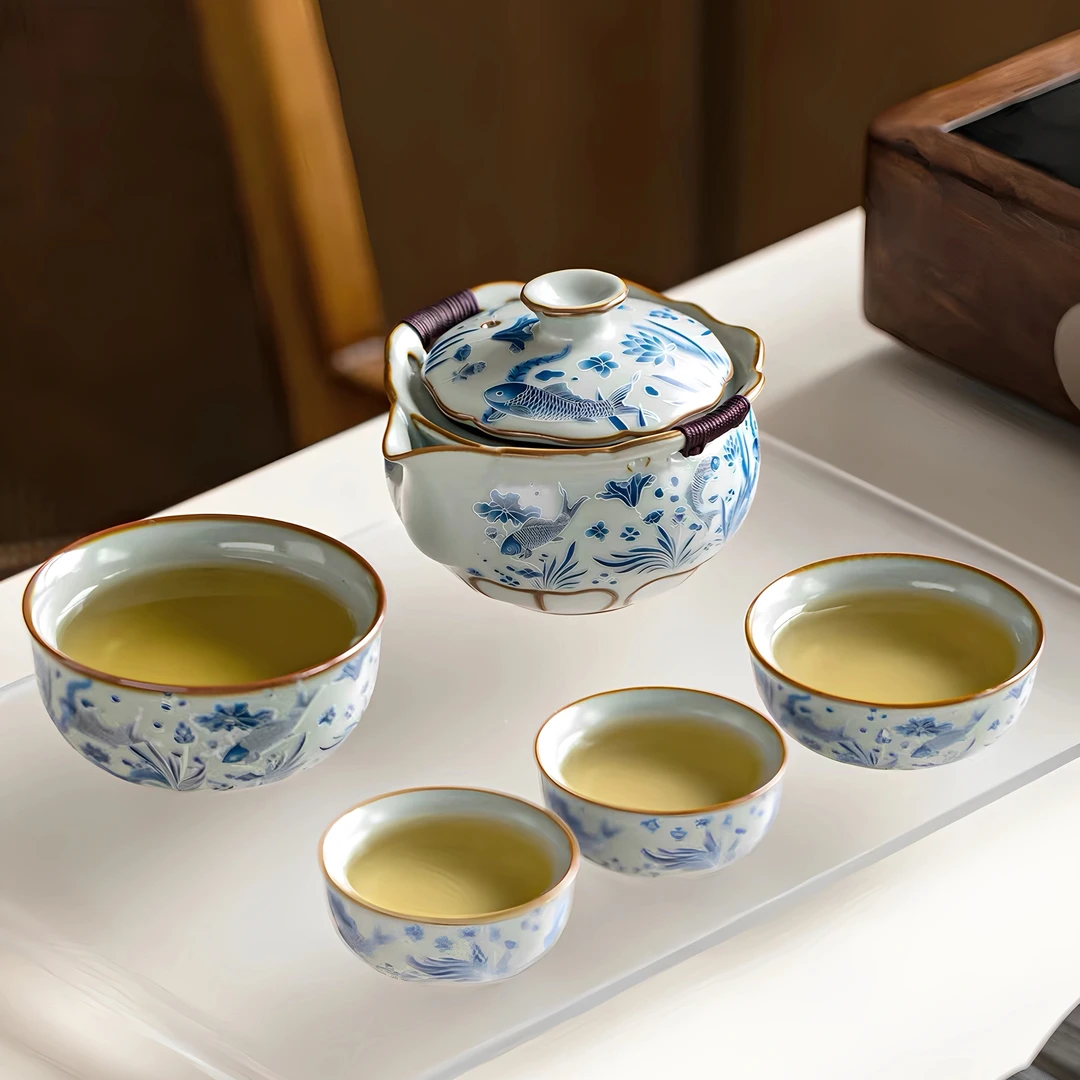 颜荣聪旅行茶具套装一壶四杯铁胎汝窑鱼藻纹户外出差便捷式快客杯