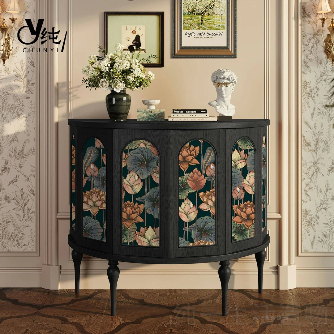 法式中古风实木玄关柜美式复古门厅柜半圆六边柜客厅入户装饰角柜