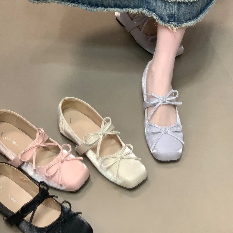 蝴蝶结玛丽珍鞋方头浅口内增高单鞋女2025新款芭蕾舞