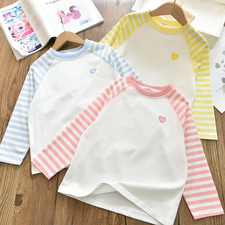 女童洋气条纹撞色爱心刺绣长袖打底衫 中大儿童百搭插肩袖T恤春