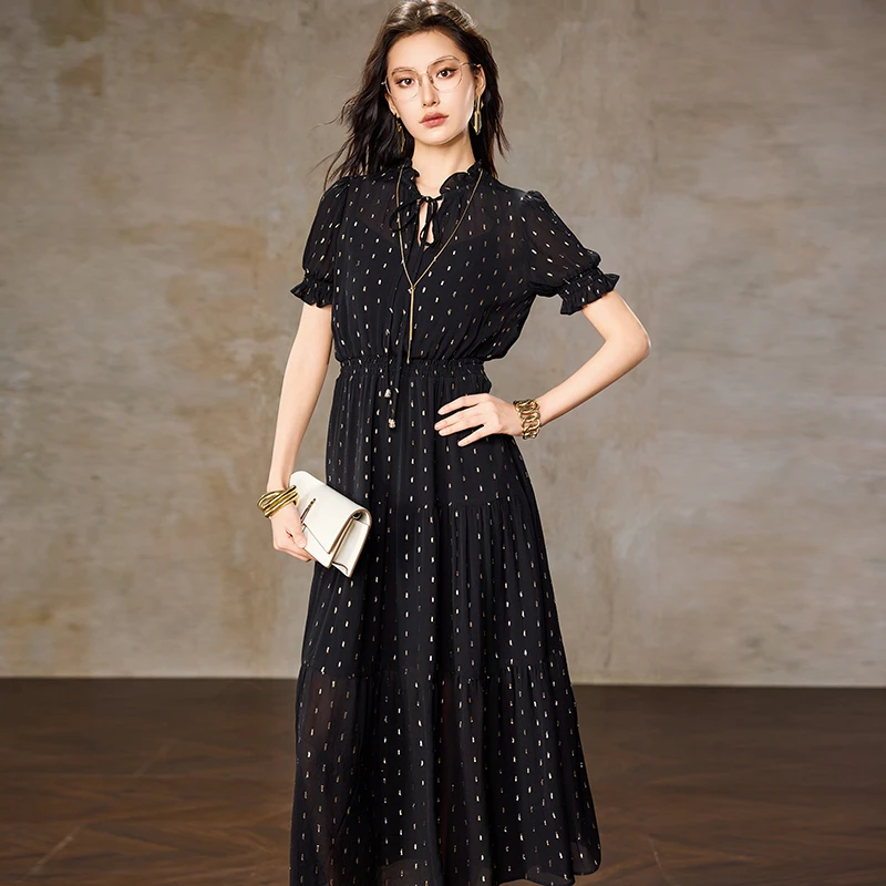 【9495】AUI黑泡泡袖雪纺连衣裙减龄木耳领显瘦长裙OL-25X019495