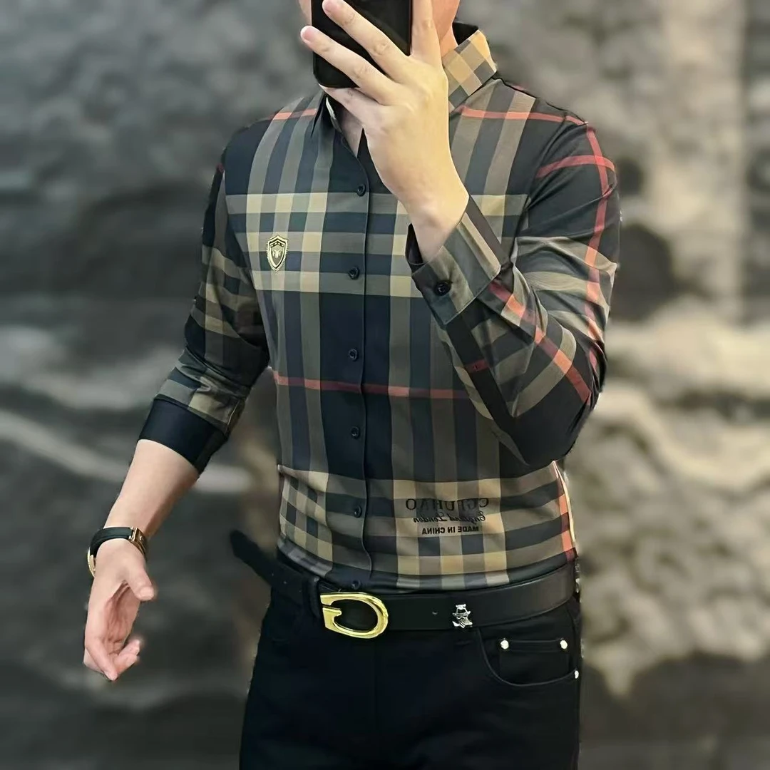 新款高端男士潮流百搭个性胸标休闲衬衫25109