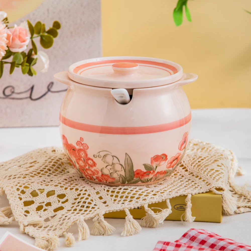 彩虹系列清新可爱高颜值家用陶瓷餐具大号猪油罐带盖带勺(1个装)