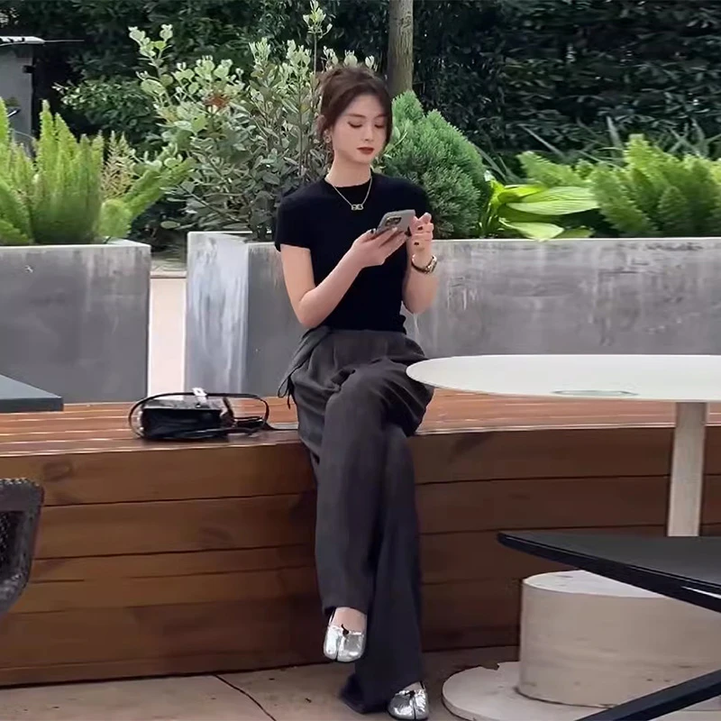 夏装搭配一整套时尚黑色修身百搭短袖T恤搭配休闲阔腿长裤两件套