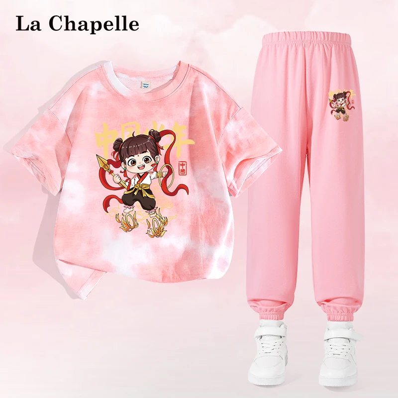 拉夏贝尔女童哪吒套装儿童时尚纯棉扎染短袖t恤男童夏季防蚊裤薄