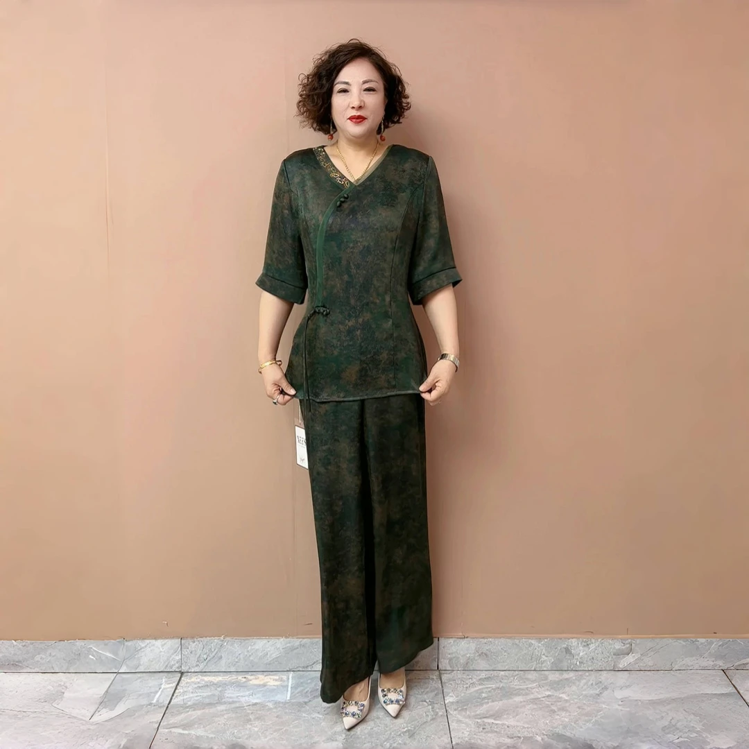 高端夏季休闲短袖旗袍衫中老年妈妈气质宽松遮肉阔腿裤大码两件套