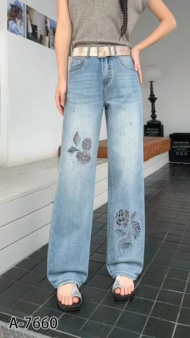 薄款夏季长裤女阔腿裤磨毛牛仔裤重工时尚复古夏装宽松直筒