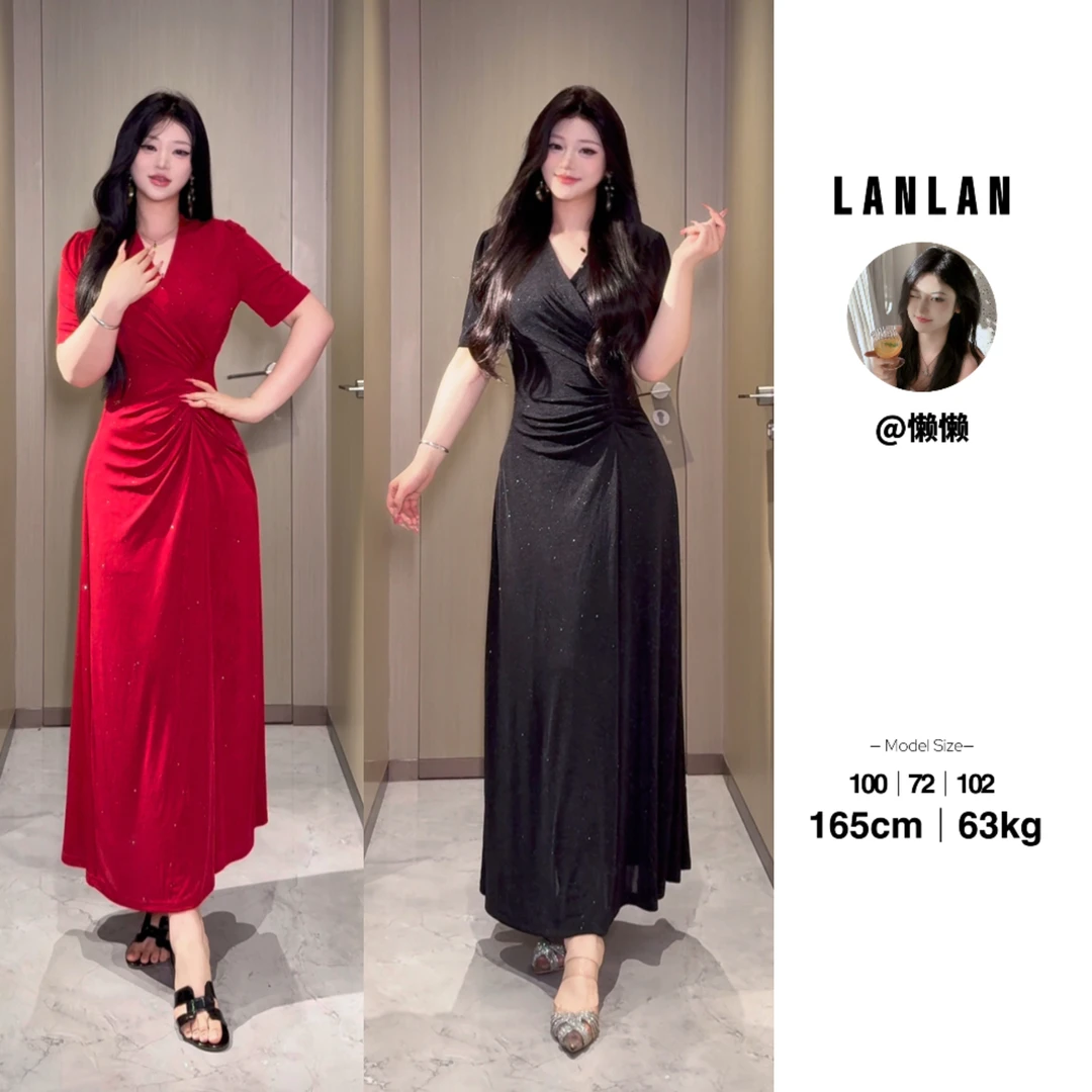 Lanlan-【风和日暖】法式设计感褶皱短袖连衣裙小众显瘦收腰长裙