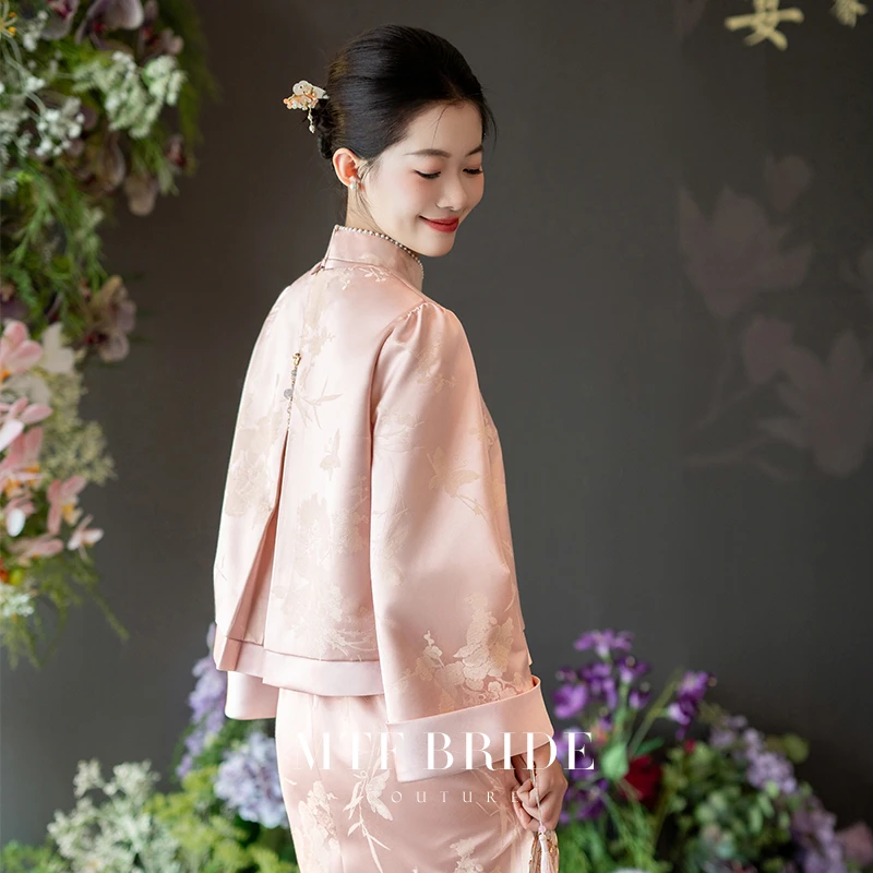 满庭芳新中式粉色旗袍上衣2025年新款订婚礼服套装