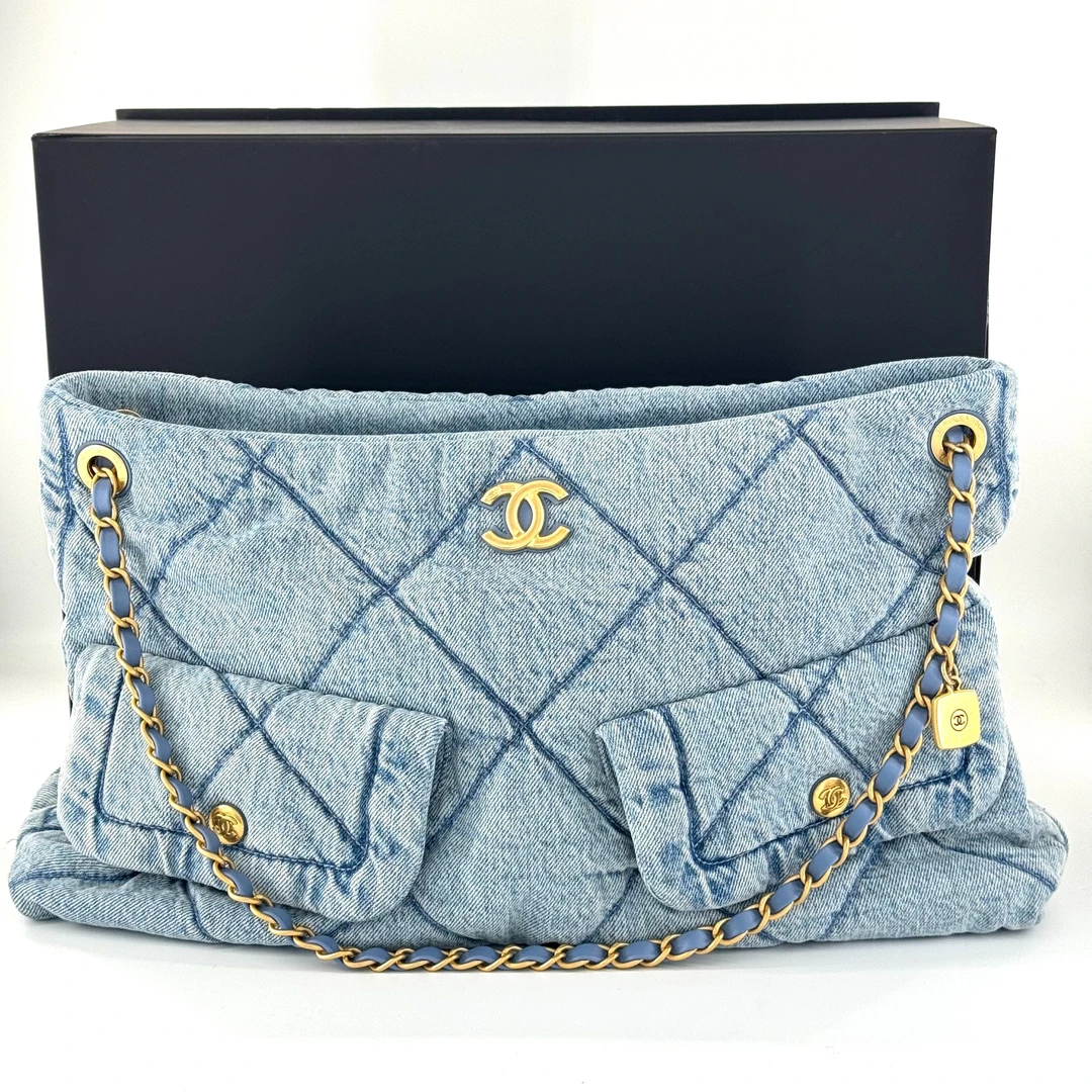未使用 Chanel/香奈儿 25K浅蓝色丹宁牛仔hobo双口袋单肩包