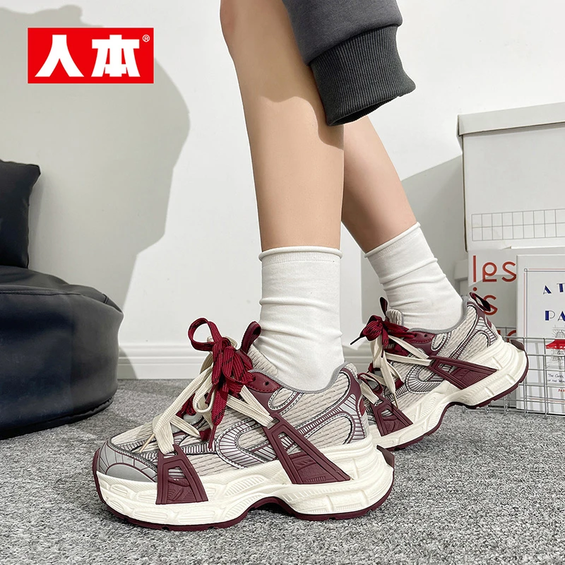 人本2025春季新款松糕厚底运动休闲鞋女款增高百搭时尚老爹鞋