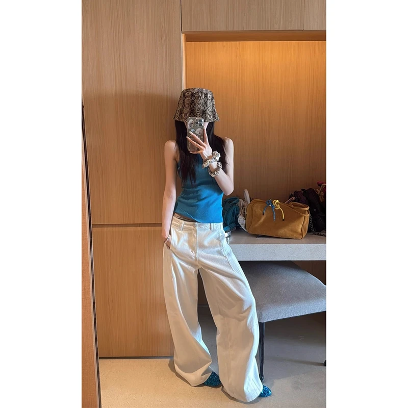 番茄妹妹Tomatosister白色阔腿裤牛仔裤女美式宽松弯刀直筒裤子