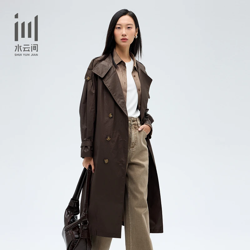 水云间女装翻领薄款深咖色风衣外套附腰带2025春季新款12510004
