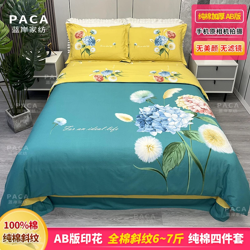 100%棉全棉斜纹四件套 加厚款纯棉斜纹4件套AB版四季全棉被套床品