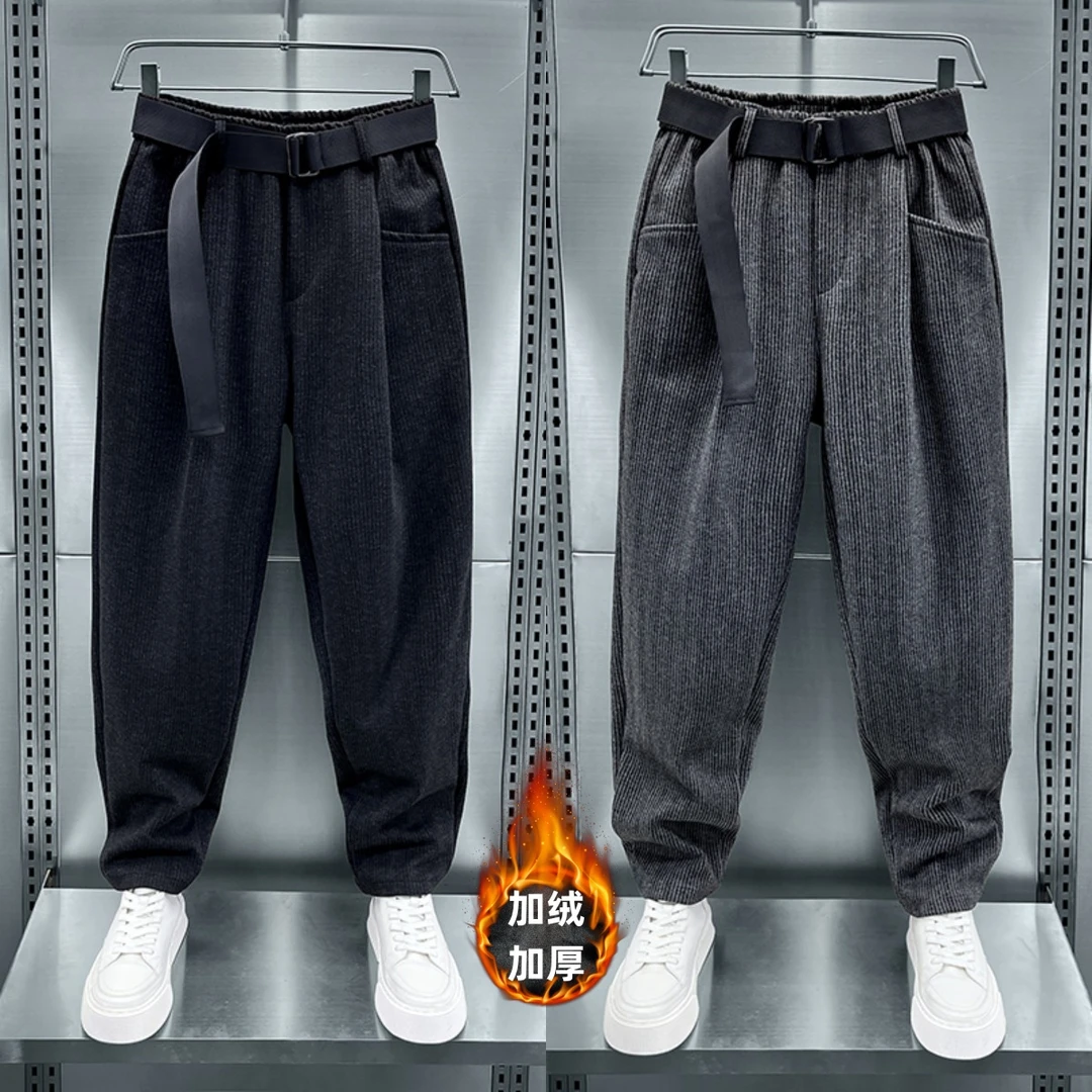 2025秋冬新款加绒条纹休闲裤男毛呢潮流百搭哈伦裤宽松锥形萝卜裤