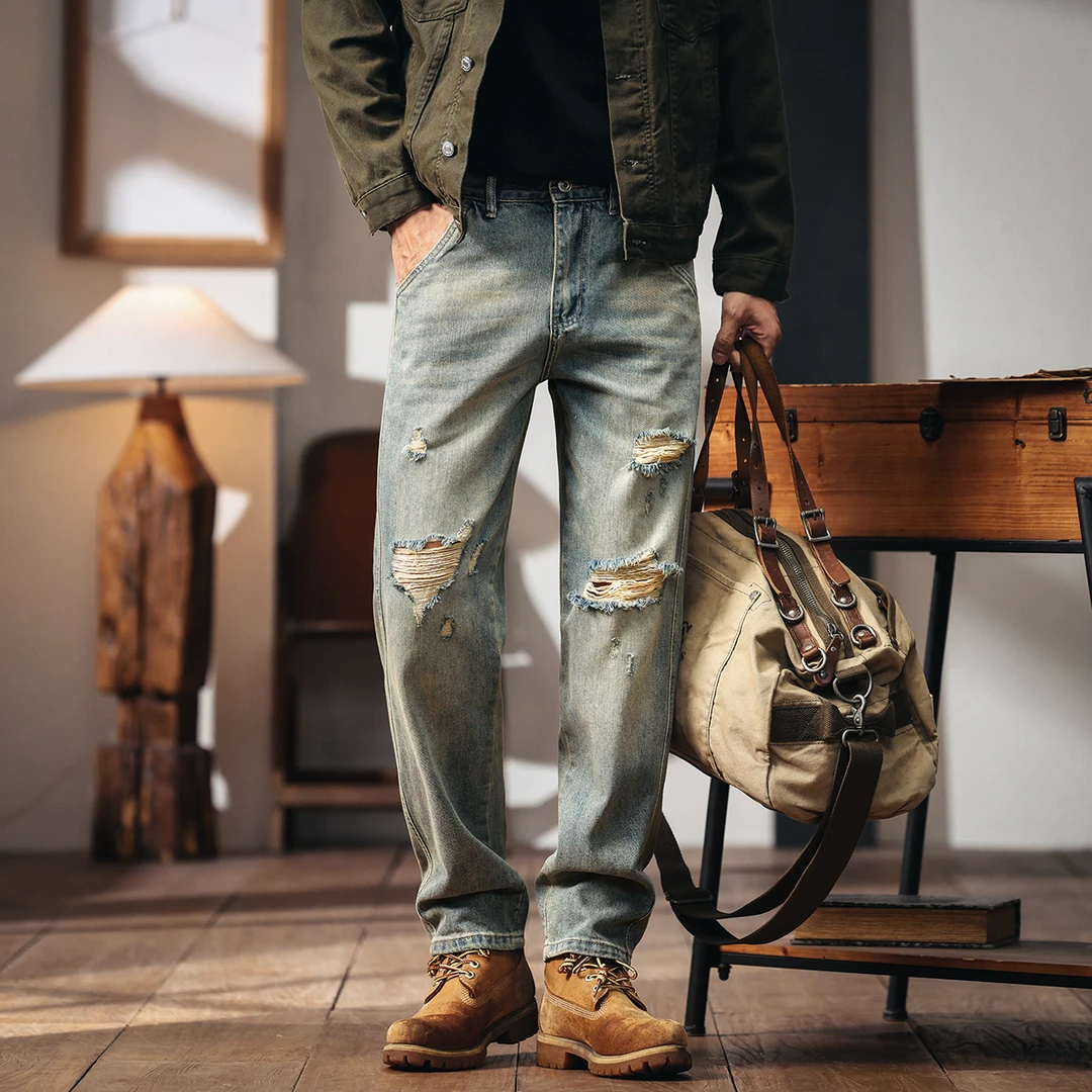 格蓝鹿美式复古做旧破洞牛仔裤男夏季新款潮牌宽松直筒休闲长裤子