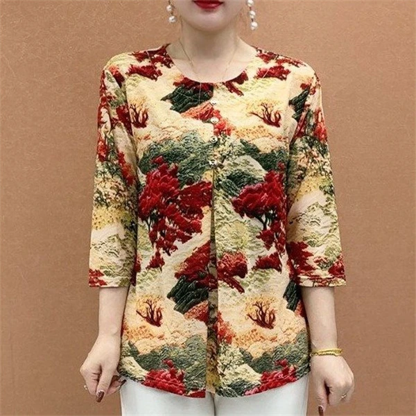 春夏季中老年妈妈装中袖T恤打底衫大码女装弹力宽松印花七分袖