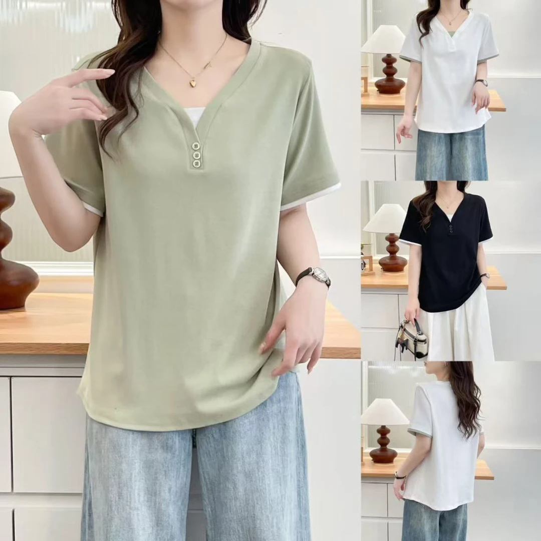 微胖大码女装夏季新款洋气V领正肩撞色拼接假两件短袖T恤显瘦上衣