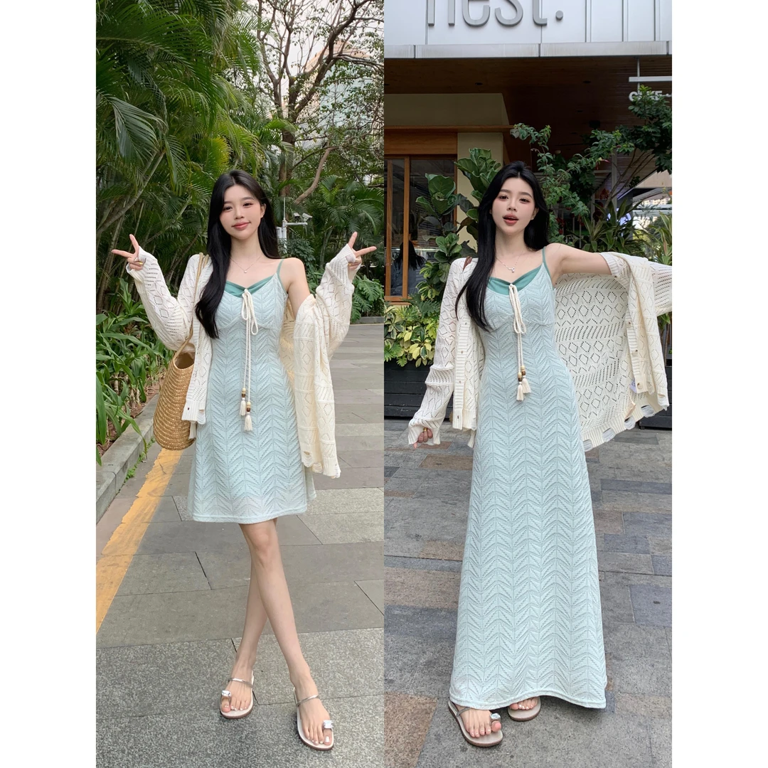 6923#大码温与柔初春手工串珠连衣裙女纯欲甜美时尚+开衫